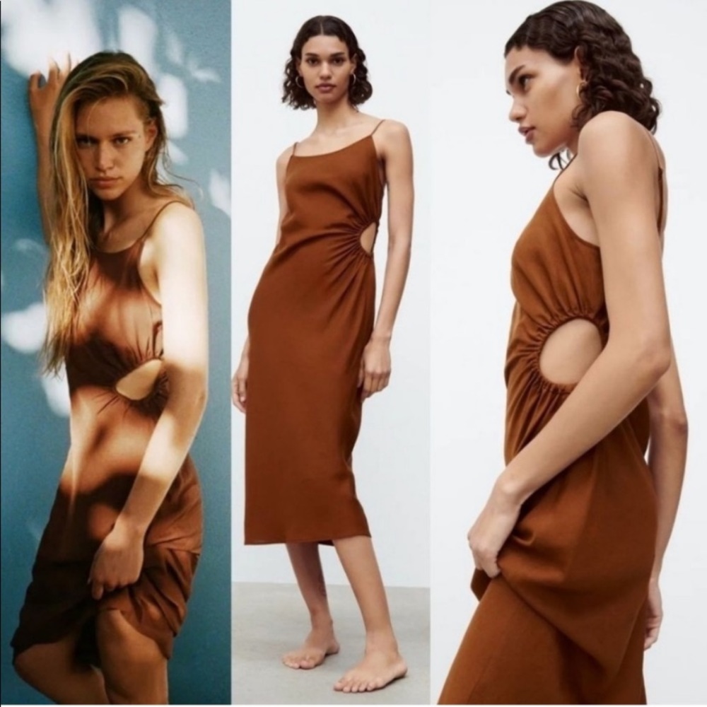 Zara linen key hole rust dress NWT S